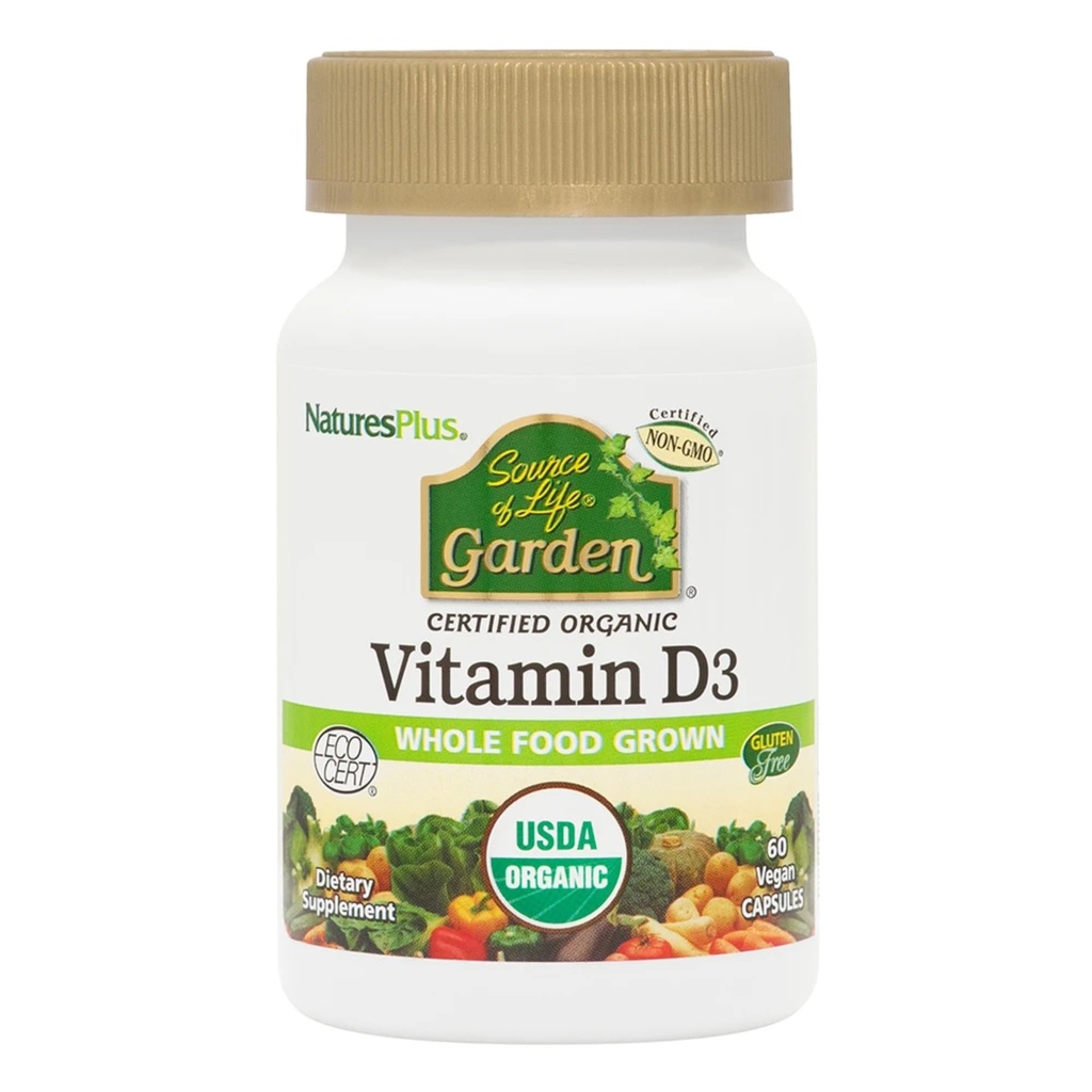 NaturesPlus Bron van Life Garden Vitamine D3-60 Vegan Capsules, Verpakking van 3 - Immuun systeem ondersteuning - Gecertificeerde biologische, niet-GMO, Glutenvrij - 90 Totaal porties