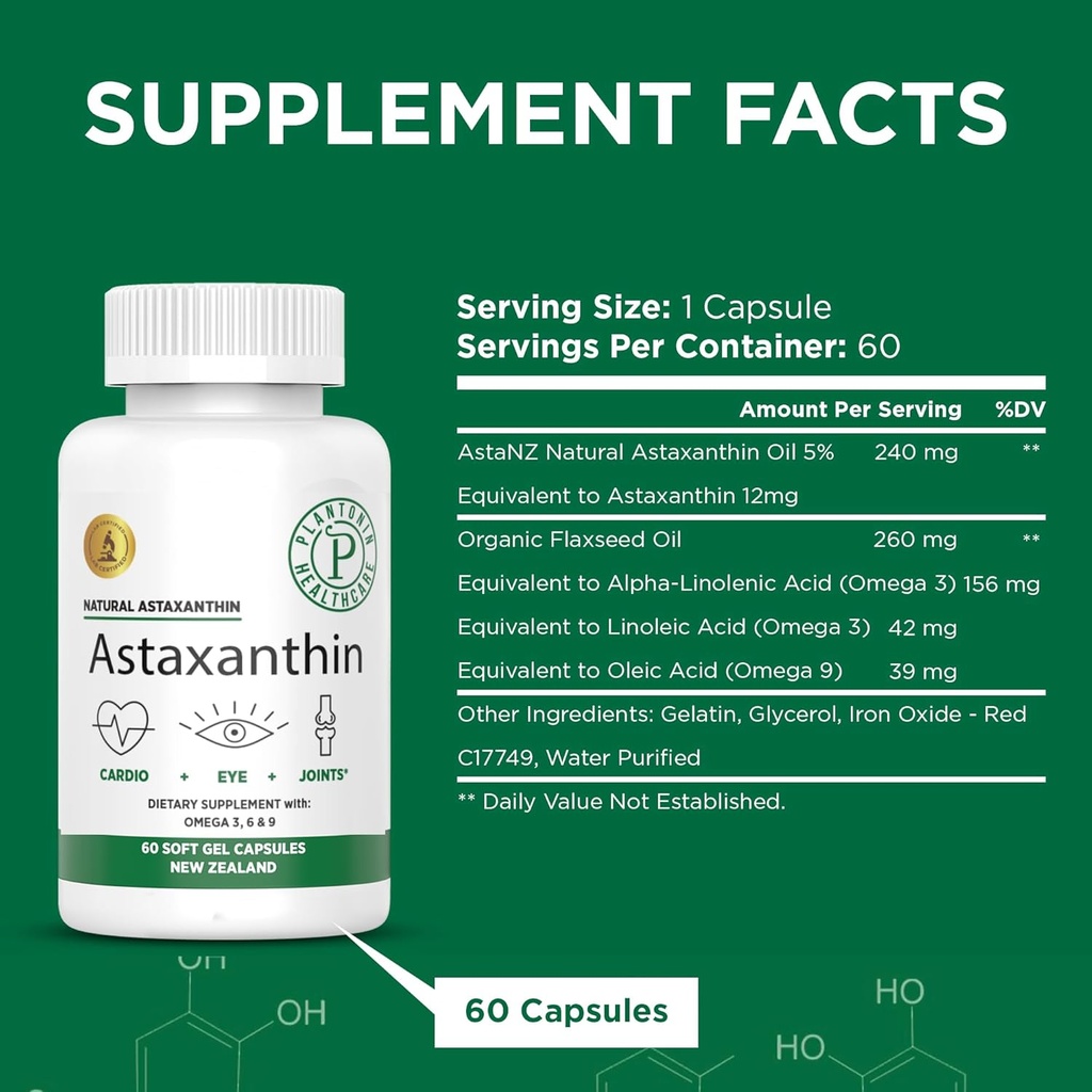 Nouvelle-Zélande - Astaxanthine 12mg de Microalgues hématococcus Pluvialis - 60 gels doux - sans OGM et sans gluten - antioxydant - soutient la mobilité articulaire et la récupération après exercice, la peau et la santé des yeux
