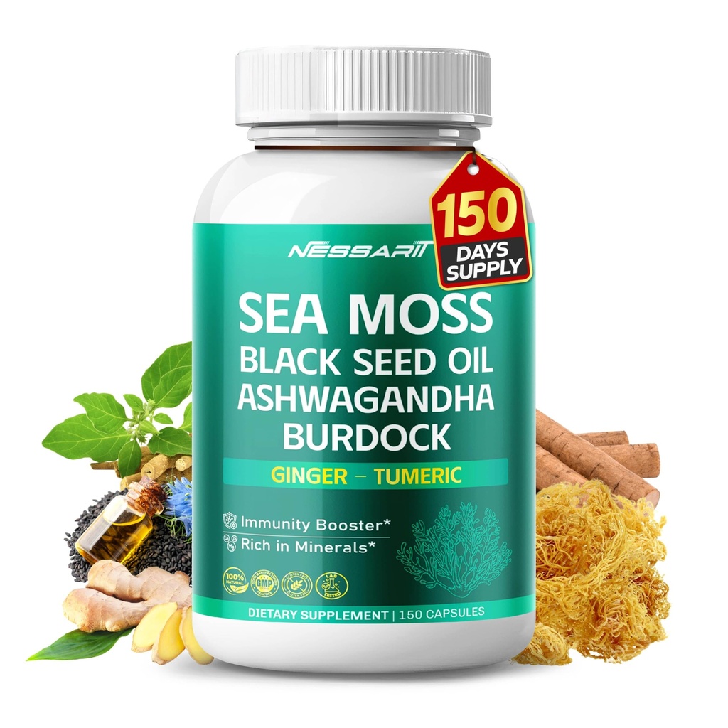 Supplément de mousse de mer - 16-en-1 Mélange naturel avec huile de graines noires Ashwagandha Burdock Bladderwrack Ginger Dandelion - 150 Compte - Fabriqué et testé aux États-Unis