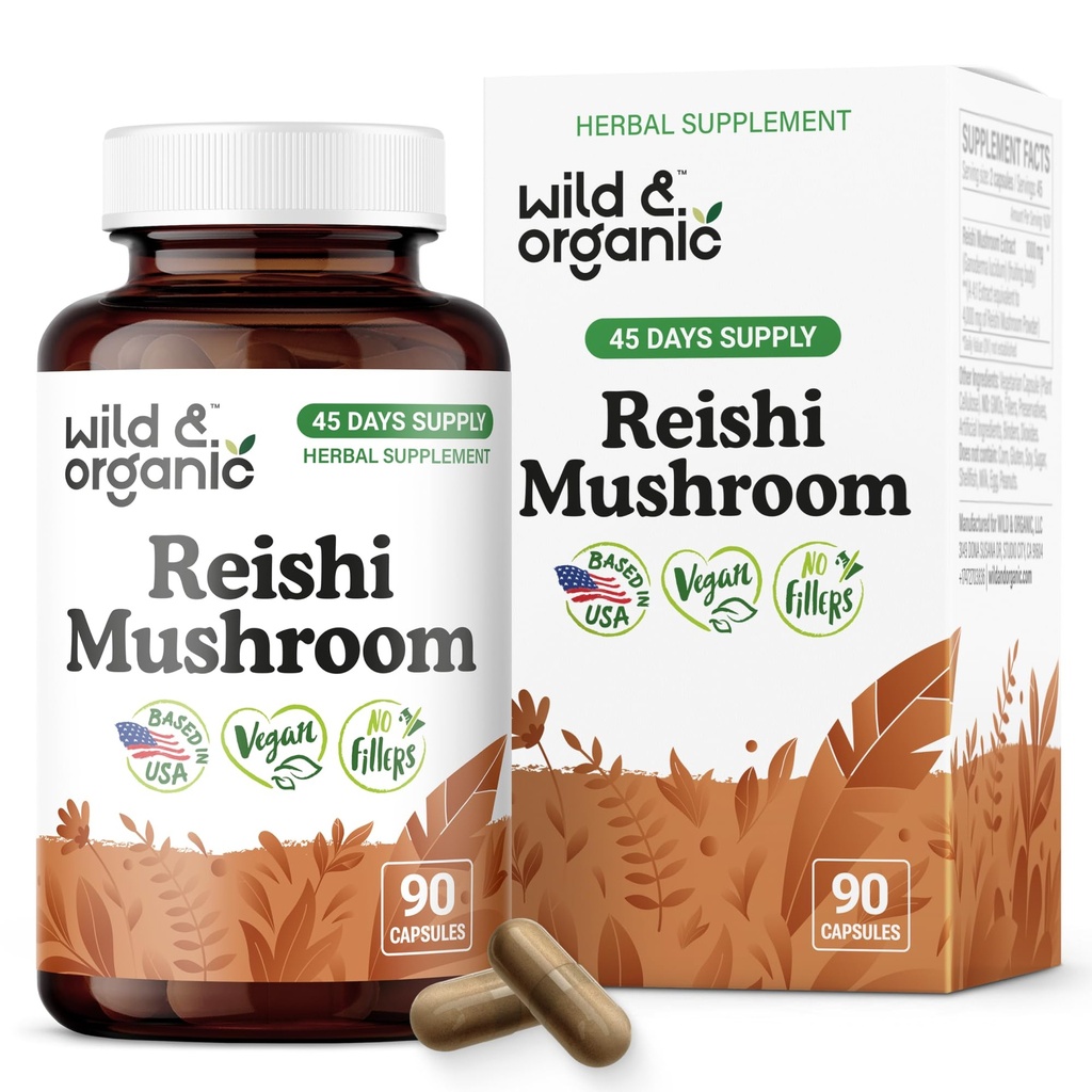 Wild & Organic Reishi Mushroom Capsules 1000 mg - Immune Support - Red Reishi Mushroom Powder - Ganoderma Lucidum Extract Supplement - 90 Vegan Capsules - 45 Days Supply, Non-GMO, Gluten-Free