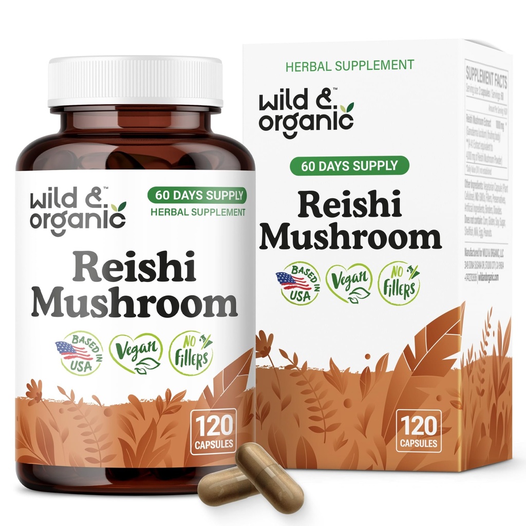Wild & Organic Reishi Mushroom Capsules 1000 mg - Immune & Energy Support - Red Reishi Mushroom Powder Supplement - Ganoderma Lucidum Extract - 120 Vegan Capsules - 60 Days Supply, Non-GMO Gluten-Free