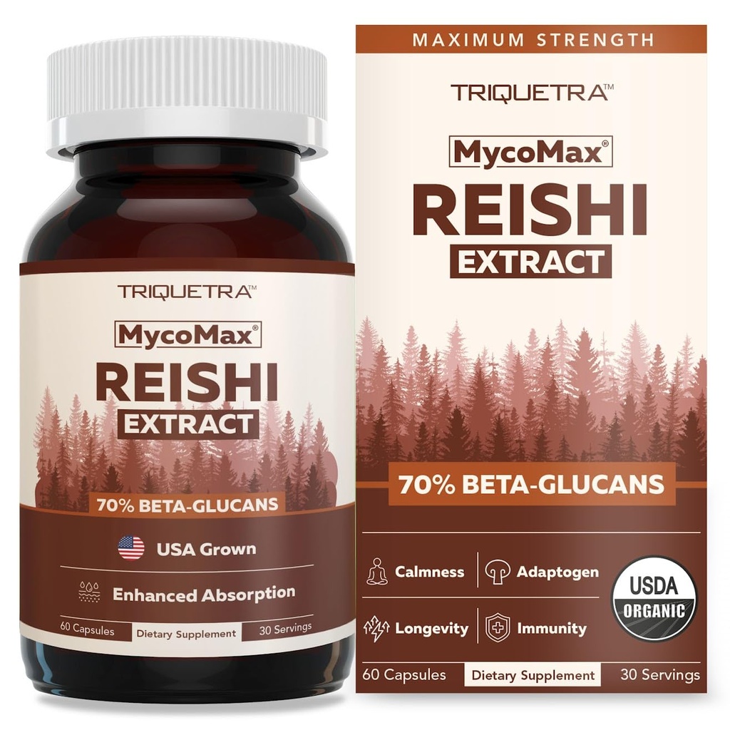 Organic Reishi Mushroom Capsules Extract - 70% Beta Glucans - Highest Active Nutrient Levels, Max Potency, US Grown + Ultrasonic Extraction - Energy, Immunity, Sleep and Stress - 60 Capsules