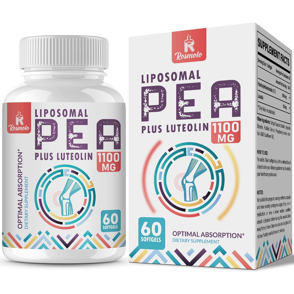 Palmitoyléthanolamide liposomique 1000 mg + Lutéolin 100 mg, pois micronisés 99 % hautement purifié - Absorption et biodisponibilité accrues, 60 softgels