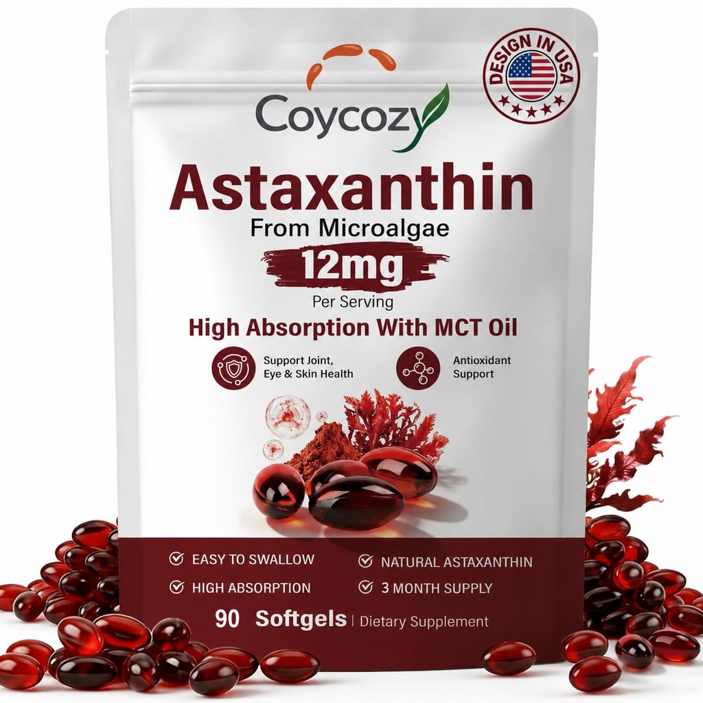 Astaxanthin 12mg Natural 90 Softgels Astaxanthin Supplement Antioxidant Support Eye Skin Joint Health | Internal Circulation,3 Month Supply| Non-GMO,Gluten-Free,No Soy (90 Count (Pack of 1))