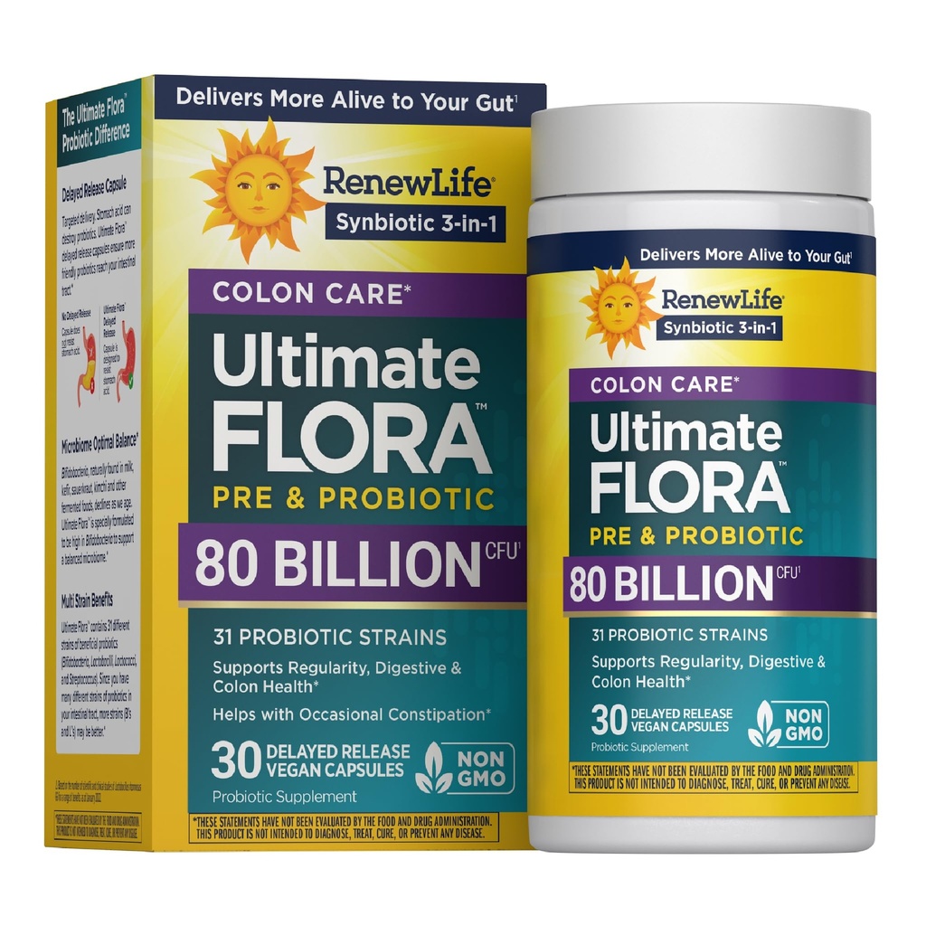 Renew Life Probiotic Colon Care Probiotic Capsules, Dagelijks supplement Biedt Colon Support, L. Rhamnosus GG, Zuivel, Soja en glutenvrij, 80 miljard CFU, 30 Tellen