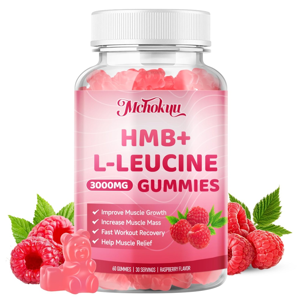 HMB & Leucine Supplements Gummies, Leucine and HMB Amino Acid Gummies for Men & Women for Muscle Growth Support, Sugar-Free, Vegan, Non-GMO, Raspberry Flavor, 60 Count Gummy