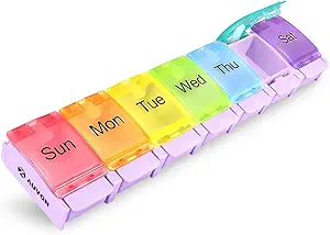AUVON Weekly Pill Organizer Arthritis Friendly, BPA Free Travel 7 Day Pill Box Case avec Spring Open Design et grand compartiment pour tenir les vitamines, huile de foie de morue, suppléments et médicaments
