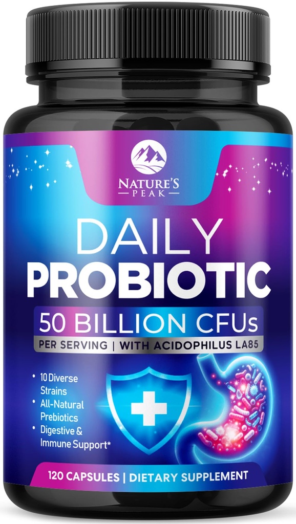 Probiotiques 60 milliards CFU - 10 souches + enzymes digestives et prébiotiques - Meilleur probiotique pour les femmes et les hommes, soutient l'immuno-santé, la constipation occasionnelle, la diarrhée, le gaz et le ballonnement - 120 capsules
