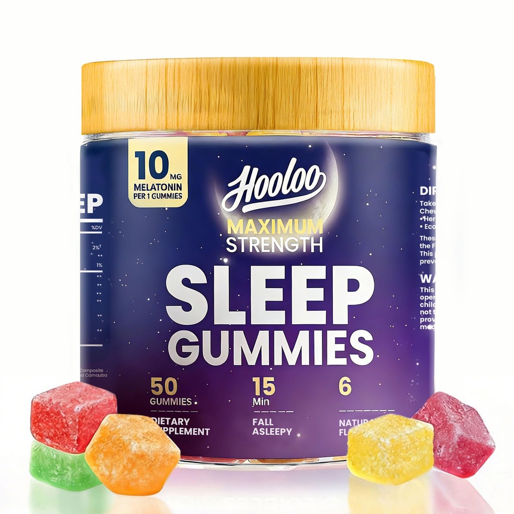 HOOLOO Sleep Gummies with 10mg Melatonin, Calm Mood, Sleep Support for Adults, Nighttime Sleep Aid, Non-GMO, Vegetarian, Great Tasting Mixed Berry Flavor
