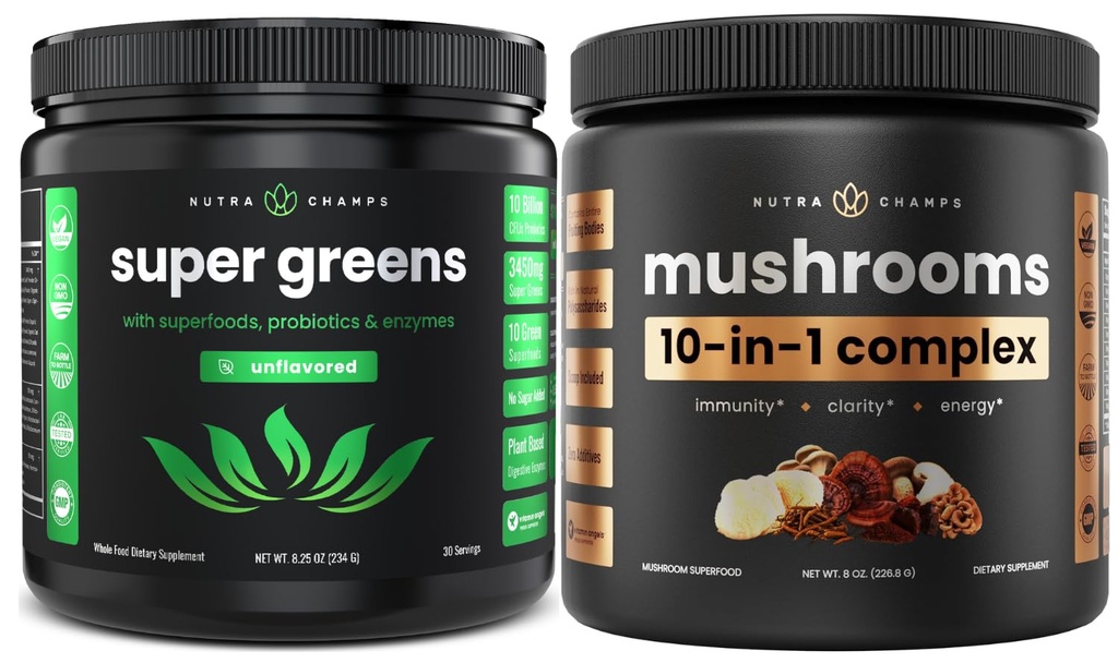 NutraChamps Super Greens Unflavored & Super Champignons: Ultimate Cerveau, Gut & Body Boost