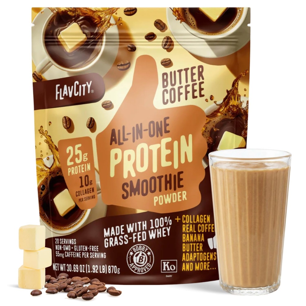 FlavCity Grass Poudre de protéines de lactosérum - Café au beurre - 25g de protéines, 10g de collagène et 87mg de caféine - Fabriqué avec du Reishi biologique et des Cordyceps - Sans gluten et sans sucre ajouté (20 portions)