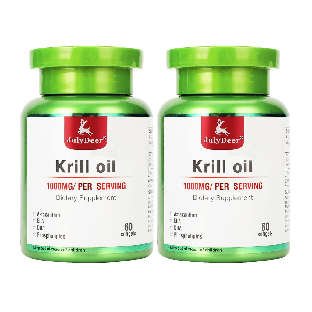 2 Flessen Antarctische Krillolie 1000 mg met Omega-3s EPA, DHA, Astaxanthine en Fosfolipiden 60 Softgels Supplement Geen Fishy Afdronk voor Joint, Hart, Hersenen en Immuniteit - 120 Softgels