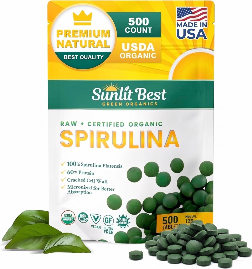 Sunlit Best Spirulina Tablets - Organische Spirulina Tablets USDA Premium 500 Telling - Natuurlijke Spirulinas Biologische Burst voor Immune Ondersteuning Spiergroei, Energie Boost w/ Chlorofyl - Hoge Proteïne, Niet GGO