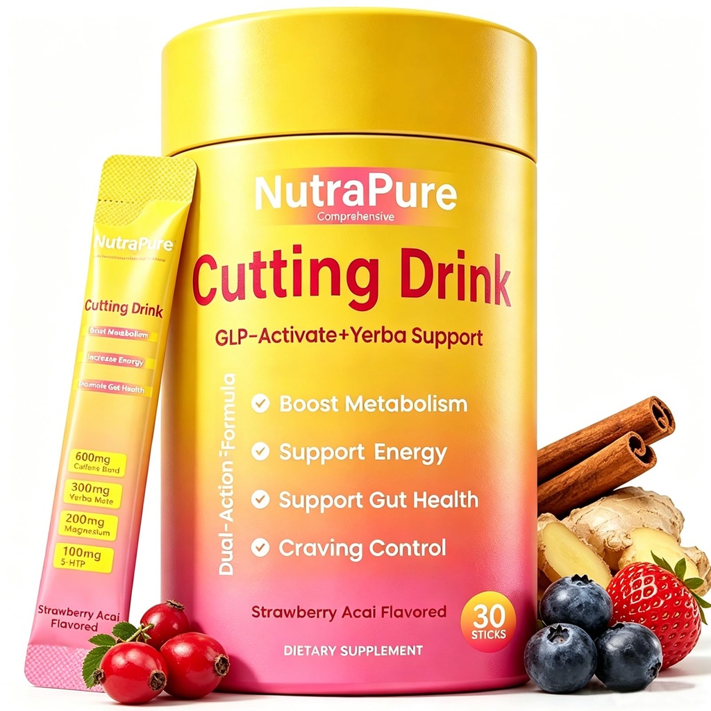 GLP-1 Cutting Drink Mix | Berberine, Cinnamon, Yerba Mate, 5-HTP & FOS | Supports Satiety, Energy & Gut Health | Strawberry Açaí Flavor | Vegan, Sugar-Free - 30 Sticks (1 Box)