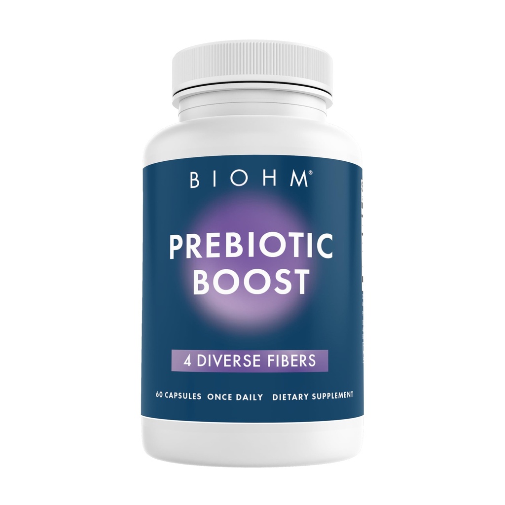 Supplément de fibre prébiotique BIOHM (60 gélules) 4 fibres diététiques diversifiées pour soutenir l'environnement probiotique, aide à améliorer la santé de Gut et le système immunitaire, comprend l'inuline et la poudre de pectine de pomme