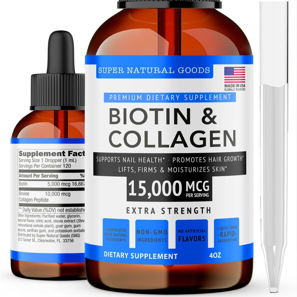 Super Natural Goods Biotine & Collageen Vitamines - Haarverlies, Gut Health, Anti-Aging, Huidverzorging & Nails - Made in USA, Non-GMO & Cruelty Free (4 Ounce- 15.000 mcg)