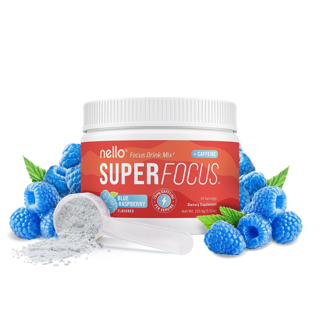 Nello Superfocus – Nootropic Focus Drink Mix for Productivity, L-Theanine, Rhodiola Rosea, Alpha-GPC, Lion’s Mane, Tyrosine, Sugar-Free Packets (30 Servings (Caffeine), Blue Raspberry)