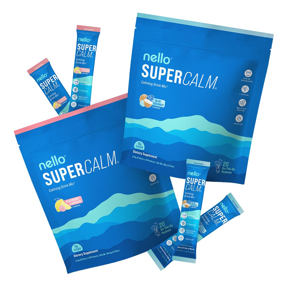 Nello Supercalm Drink Mix - Blue Coconut and Raspberry Lemonade KSM 66, Magnesium Glycinate & L-Theanine Supplement - Focus and Relaxation Support (2 x 20 Travel Packets)