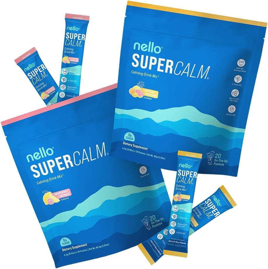 Nello Supercalm Drink Mix - Raspberry Lemonade and Tropical Tangerine Ashwagandha KSM 66, Magnesium Glycinate & L-Theanine Supplement - Focus and Relaxation Support (2 x 20 Travel Packets)