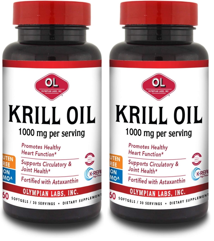 Olympian Labs Antarctica Krill Oil, 1000mg Caps with Astaxanthine, Omega-3, EPA, DHA, Immune, Joint & Brain Support, 60 Softgels (Pack of 2)