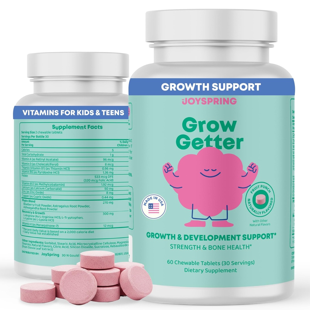 JoySpring Growth Vitamins for Teens & Height Support for Kids - Encourages Stronger Bones & Healthy Natural Growth - Sugar Free - L-Arginine, L-Lysine, Zinc, Vitamin D & K2-30 Servings