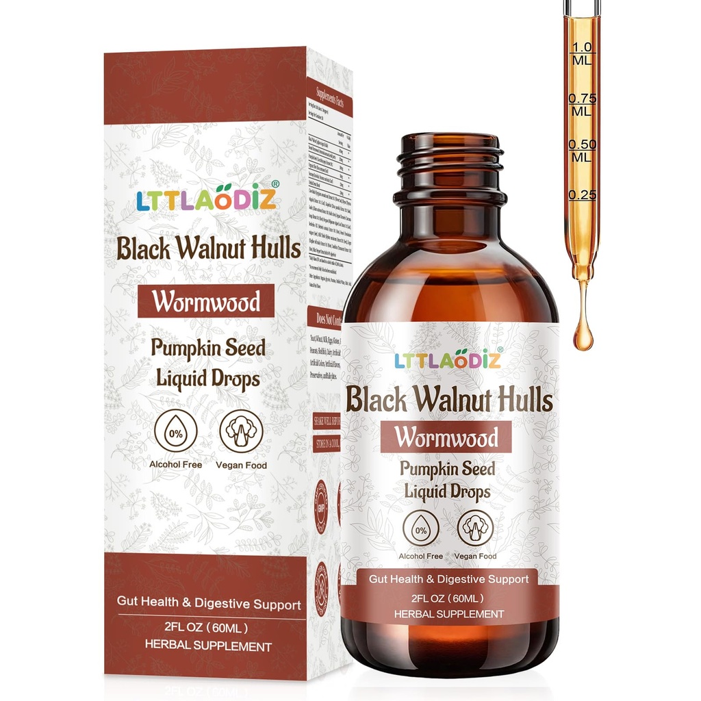 Black Walnut Wormwood Tincture– with Pumpkin Seed, Olive Leaf & Soursop, Cloves Black Walnut and Wormwood – Supports Digestive & Gut Health – Alcohol-Free, 2oz