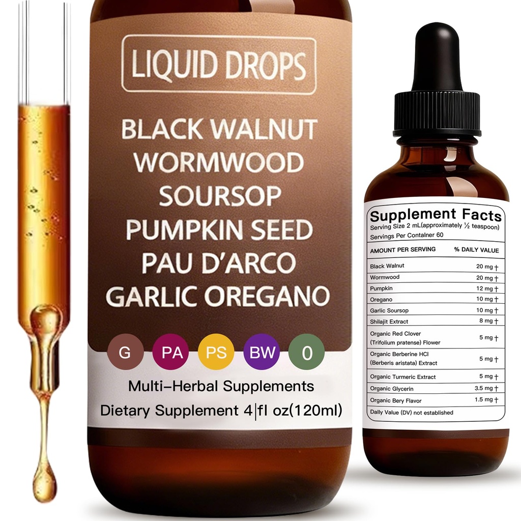 Wormwood Black Walnut Clove Cleanse for Humans Tincture – Gut Health Supplement with Oregano, Garlic & Berberine, High-Potency Liposomal Absorption (Alcohol-Free), Non-GMO & Vegan,4 fl.oz. (120mL)
