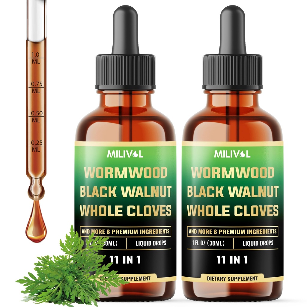 [ 2 Packs of 1Fl Oz Wormwood Liquid Drops - Wormwood Extract Tincture with Black Walnut, Whole Cloves & 8 More Herbs