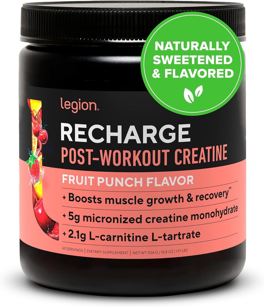 Legion Recharge Post Workout Supplement - Alle natuurlijke spier Builder & Recovery Drink met Creatine Monohydraat. Natuurlijk zoet & smaakvol, veilig & gezond. 60 porties. (Fruit Punch, 60 porties)