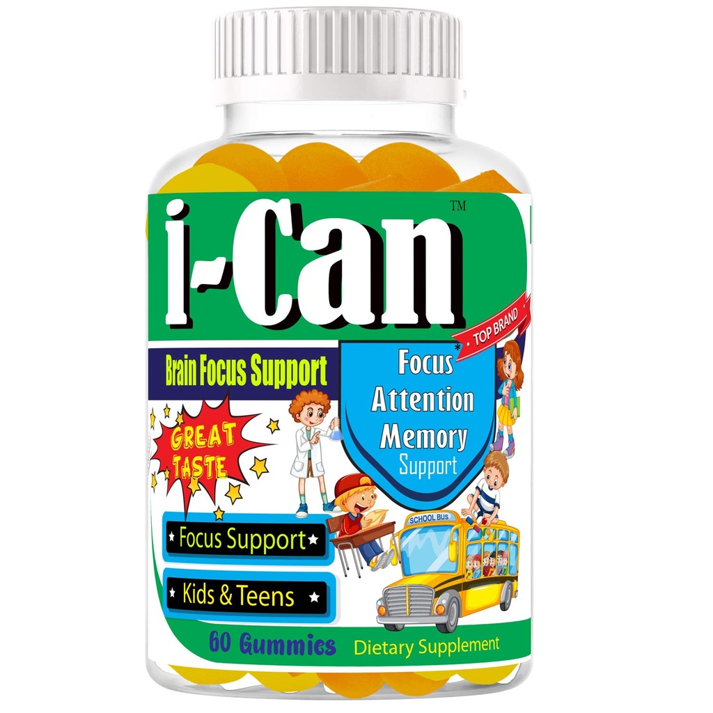 I-Can Kids Focus Gummies with Omega 3 DHA, Children’s Brain Support Vitamins, Memory Gummies for Teens, Focus Gummies for Kids, Youth Daily Supplement, Non-Fishy Taste, Low Sugar, 60 Count