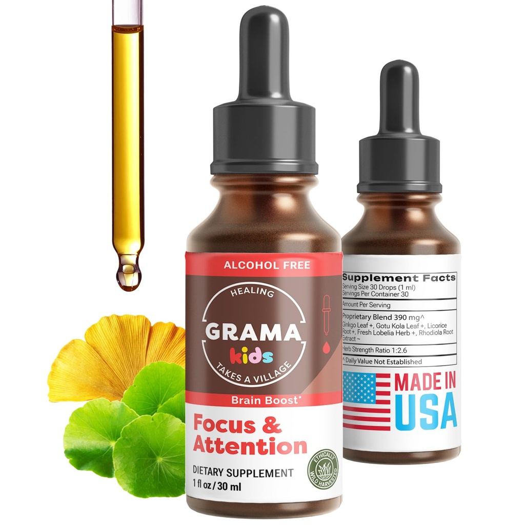 Grama Wellness - Focus & Attention Organic Kids Brain Vitamins & Cognitive Support Drops, ADHD Supplement with Ginkgo Biloba, Rhodiola, Gotu Kola, Licorice Root | Made in USA – 30 Servings