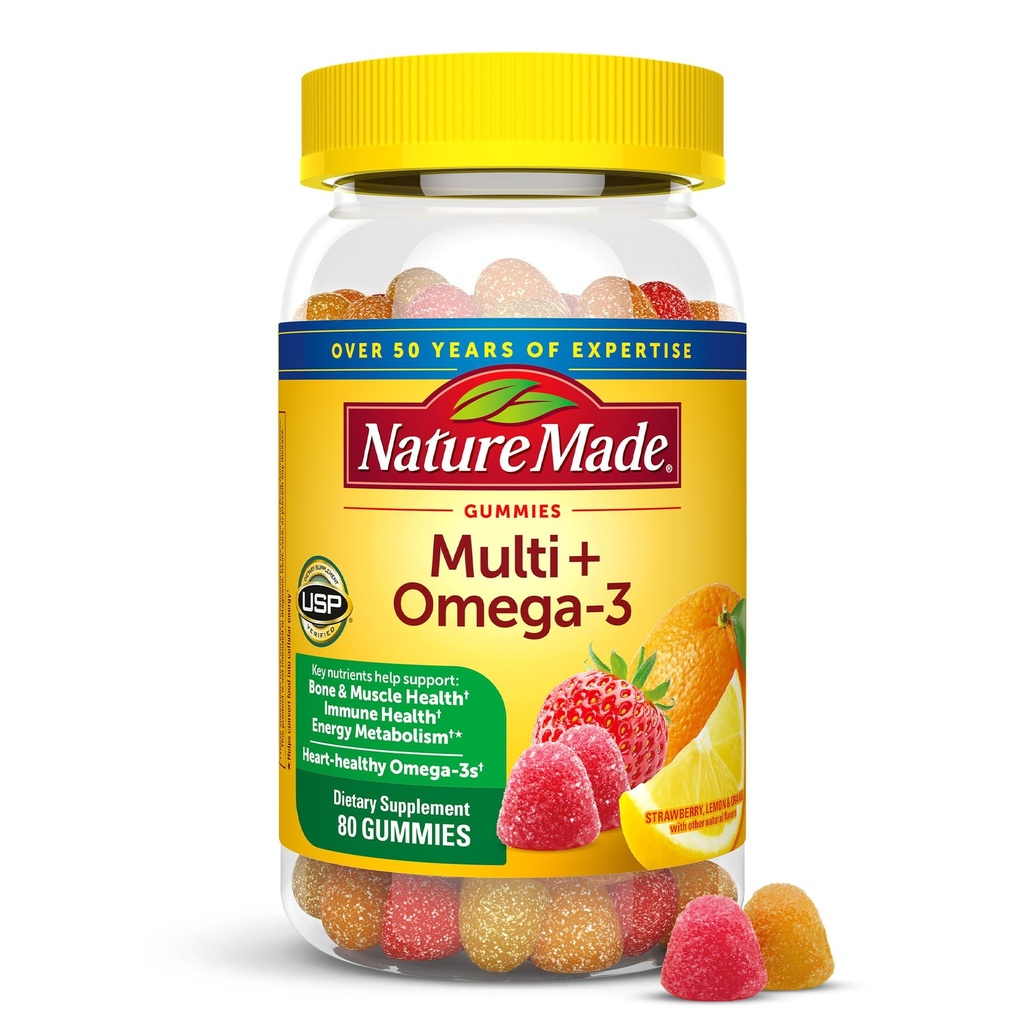 Nature Made Multivitamine + Omega-3, Multivitamine Gummy's voor vrouwen en mannen, Dagelijkse Voedingsondersteuning, 80 Volwassen Gummy Vitaminen & Mineralen, 40 dagen Supply