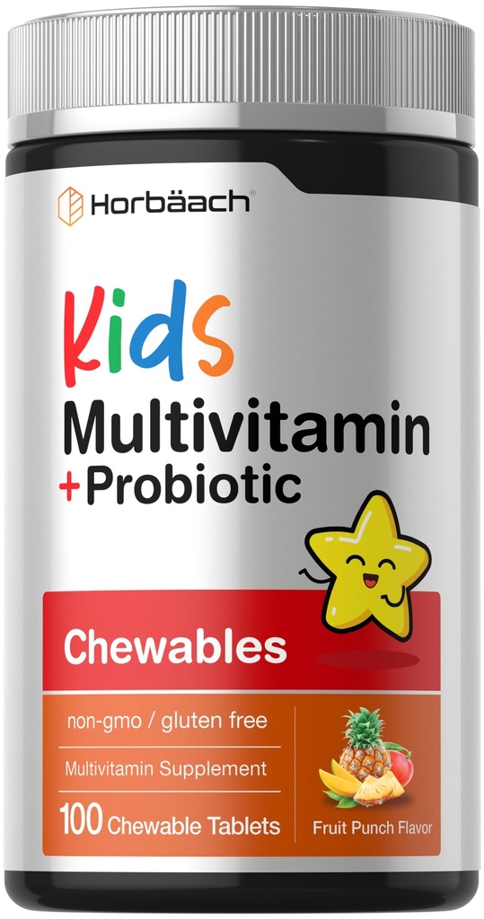Horbäach Kids Multivitamin with Probiotics | 100 Chewable Tablets | Fruit Punch Flavor | Vegetarian, Non-GMO, Gluten Free Children's Supplement