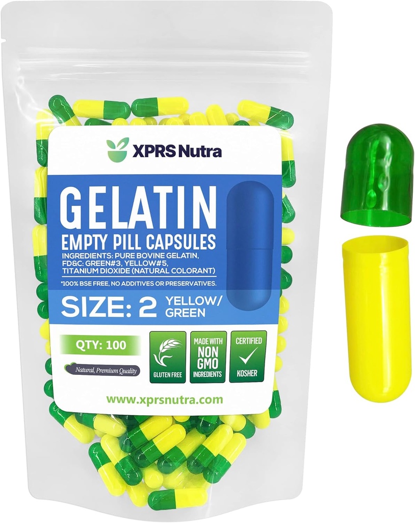 XPRS Nutra Maat 2 Lege capsules - 100 Telle Lege Gelatine Capsules - Pillen DIY Capsule Vulling - Pure Bovine Pill Gel Caps for Do-It-Yourself Supplements (Groen/Geel)