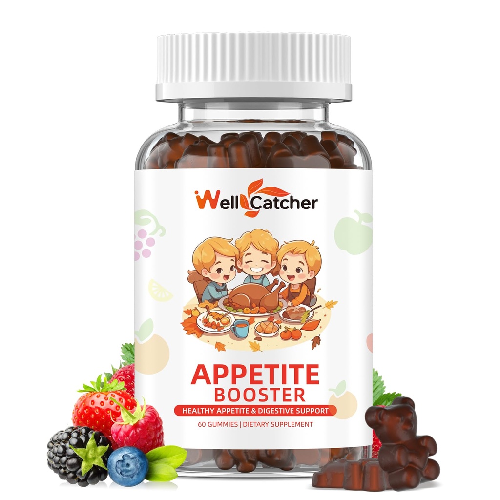 Appetite Booster Gummies for Kids Adults: Picky Eater Vitamins Support Eat More Height Growth Gut Health & Nutritional Balance with Bromelain Hawthorn Zinc, Sugar Free 60CT