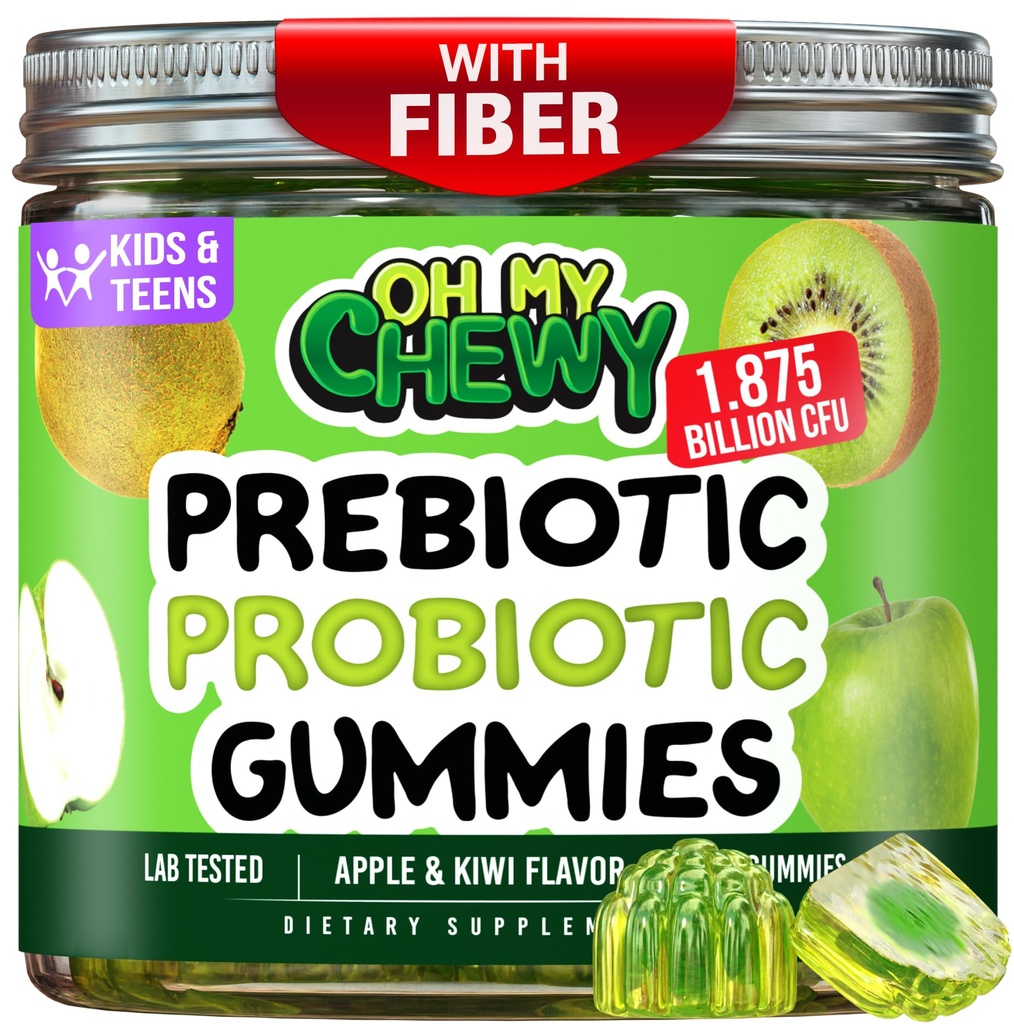 Center-Filled Kids Probiotic Gummies - with Prebiotic and Vegan Inulin Fiber for Digestive Support - Gut Health Supplement for 4+ Yo Children & Teens - Delicious Apple & Kiwi Flavor - 60 CT