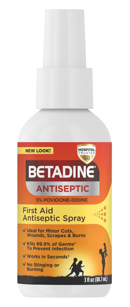 Betadine Antiseptische eerste hulp Spray, Povidon-jood 5%, Besmettingsbescherming, Kills Germs In Minor Cuts Scrapes En Brandt, Geen Sting Belofte, Geen Alcohol of Waterstof Peroxide, 3 FL OZ