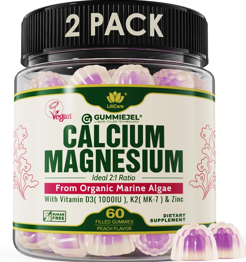 2 Pack - Plant Based Calcium Gummies 600mg met vitamine D3 K2, Magnesium, zink voor botsterkte, suikervrije calciumsupplementen voor vrouwen en mannen (gecertificeerd veganistisch) van duurzaam Biologische Red Algen