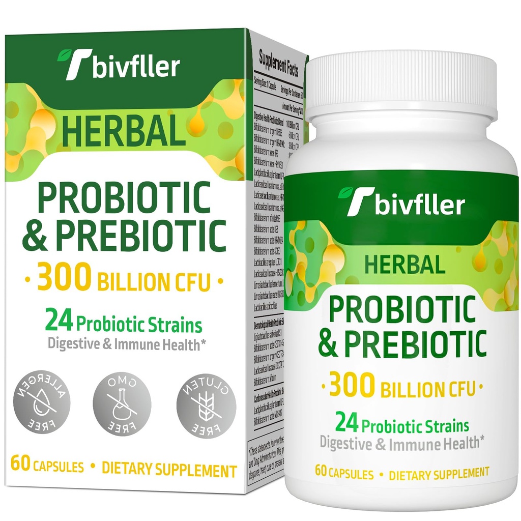 Probiotica voor vrouwen Mannen- 300 miljard CFU, 24 strains Probiotic+15 Organic Herbs Prebiotics Blend, Pre and Probiotics, for Digestief Gezondheid, Immune & Gut, Diarree, Bloating, Vegan, 2 Month Supply