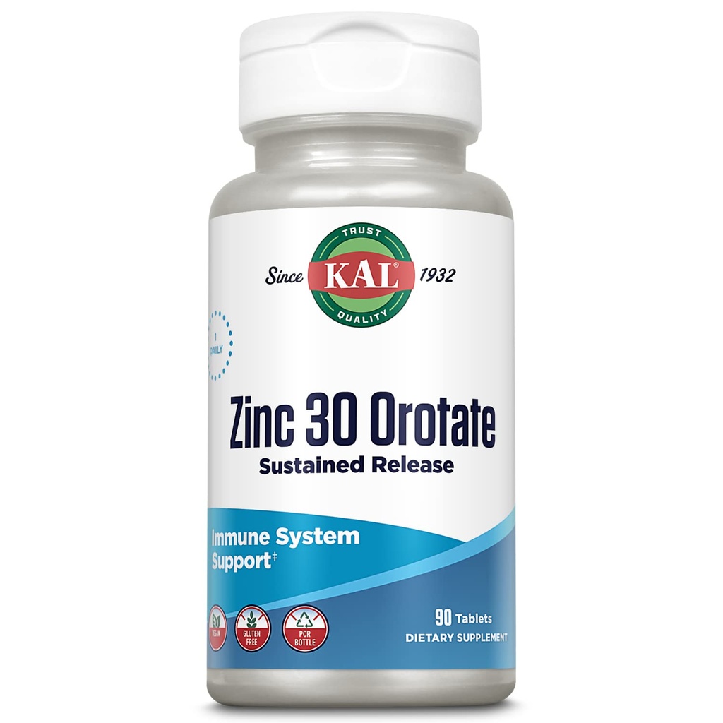 KAL Zink Orotaat 30 mg, Sustained Release, Chelated Zink Tablets, Immuun Support Supplement, eiwitsynthese, Metabolisme, energiesteun, veganistisch, glutenvrij, 60 dagen garantie, 90 porties, 90 tabletten