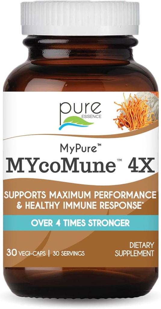 MYcoMune 4X Biologische Paddestoel Supplement - Reishi, Lion's Mane, Cordyceps, Chaga, Shiitake, Maitake voor Immune System, Stress bestrijden, Build Energy door Pure Essence - 30 Caps
