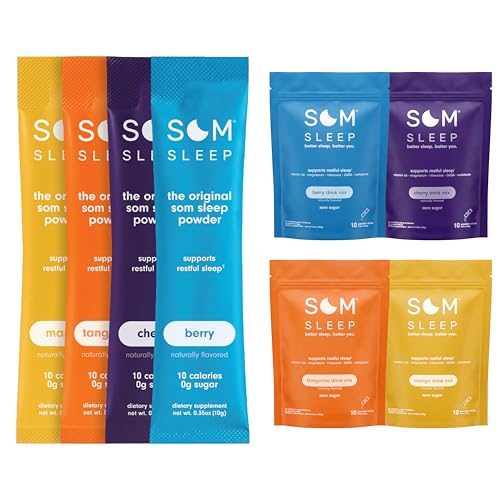 Som Sleep, Sleep Aid Powder Stick Packs – Variety Pack Bundle, 40 Count – Berry, Cherry, Mango & Tangerine – 0 Sugar, 10 Calories – Sleep Support Drink Mix Supplement