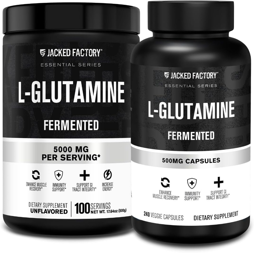 Ge Jacked Factory L-Glutamine Powder 100 Servings & L-Glutamine Capsules 500mg (240 Capsules) for Post Workout Muscle Recovery, Immunity, Digestive Health