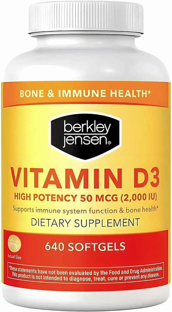 Berkley Jensen High Potency Vitamine D3 2000IU (50 mcg) (640 Softgels), Dieetsupplement voor tanden, spieren, immuunfunctie en botgezondheid, voor mannen en vrouwen, Made in USA, 640 Day Supply