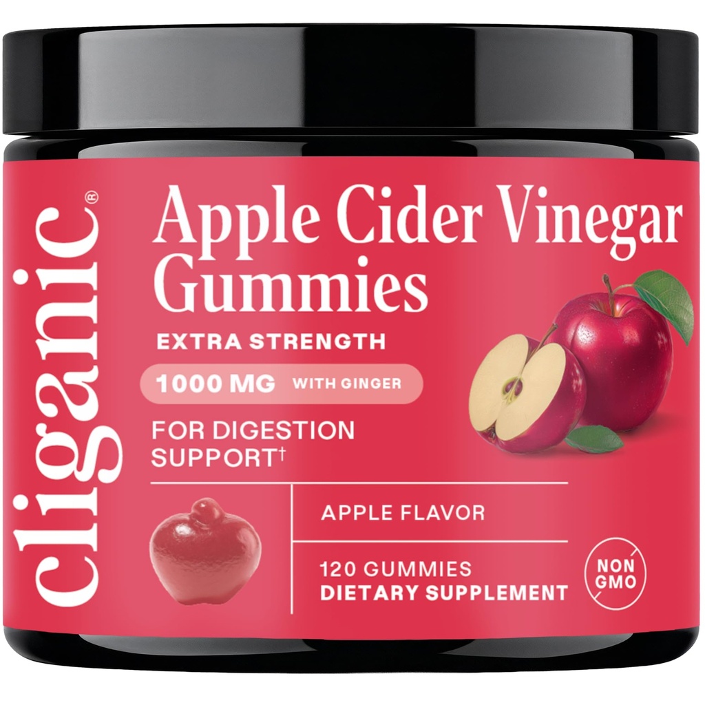 Cliganic Apple Cider Vinegar + Ginger Gummies – 1000 mg per Serving, Apple Flavor ACV Supplement for Women & Men, Non-GMO, Supports Digestion, Detox & Healthy Metabolism, 120 Count
