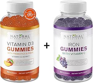 Natural BioScience Sugar Free Vitamin D3 K2 Gummies 5000 IE & Iron Gummies met vitamine C, Extra sterkte, Immune Support, Bone Health, Heart Health, Energy Support, 60 Gummy Vitaminen
