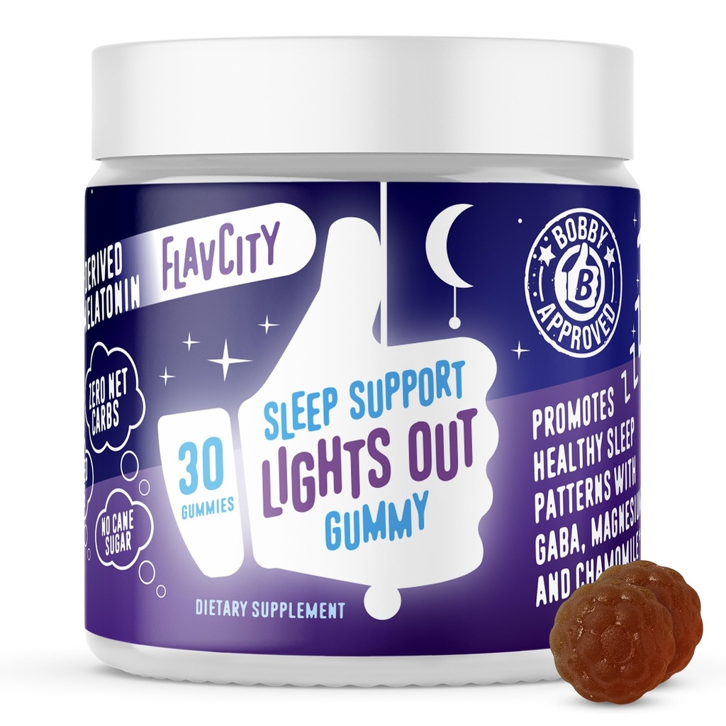 FlavCity Melatonine Slaap Gummies voor volwassenen, Lights Out Gummy - Kauwbare slaapondersteuning supplement met plantaardige GABA, Magnesium & kamille voor diepe en rustgevende bedtijd, 30-dagen aanbod