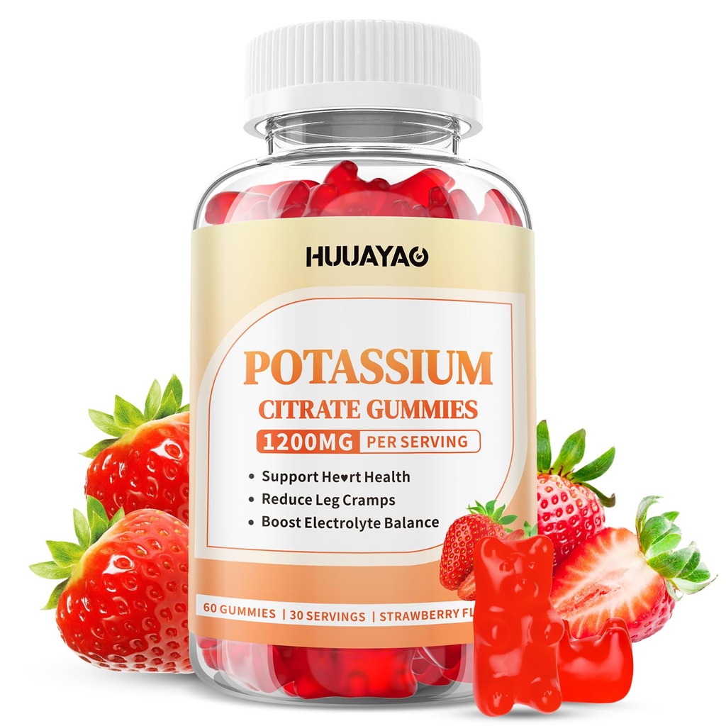 Potassium Citrate Gummies 1200mg for Adults, Women & Men Chewable Potassium Supplement for Muscle Health & Electrolyte Support Sugar Free, Strawberry Flavor, 60 Count