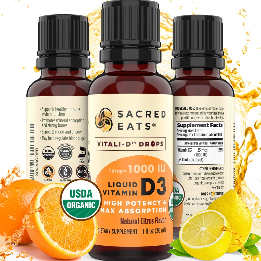 Biologische Vitamin D druppels voor kinderen & volwassenen, Suikervrij. Makkelijk te gebruiken 1000 IE/Drop in Kokos MCT olie. Duurt Maanden, Beste voor hoge doses. Max Absorptie VIT D3 Supplement. Grote smaak (Citrus)