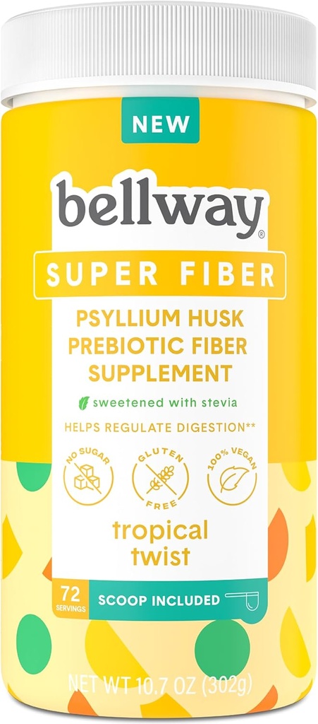 Bellway Super Fiber Supplement Powder - Psyllium Husk Powder, Sugar Free, Vegan, Glutenvrij, Tropische Twist, 72 Servers